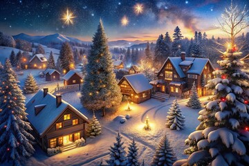 Fototapeta premium Festive Night Photography for Christmas Poster Art Featuring Twinkling Lights and Snowy Landscapes
