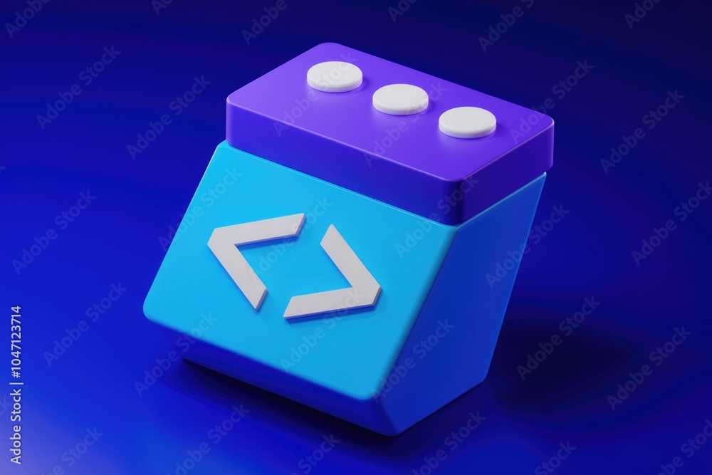 Poster 3D rendering of a blue and purple cube with a code bracket symbol.