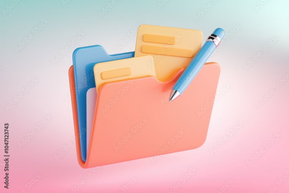 Leinwandbilder A 3D illustration of a folder with papers and a pen  representing organization and documentation.