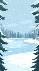 Obraz premium A snowy winter scene with a frozen lake and snow-covered trees.