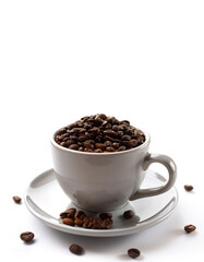 Fototapeta premium Coffee cup with coffee beans on side position provides copy space for text. background concept isolated white