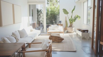 Fototapeta premium A modern and airy living room design featuring a white canvas backdrop, Strategically placed minimalist furniture, Coastal minimalist style