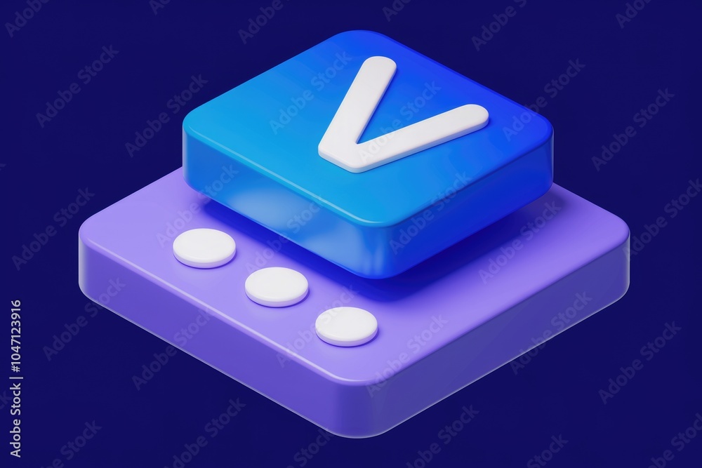 Poster 3d rendering of a stylized v logo on a purple platform.