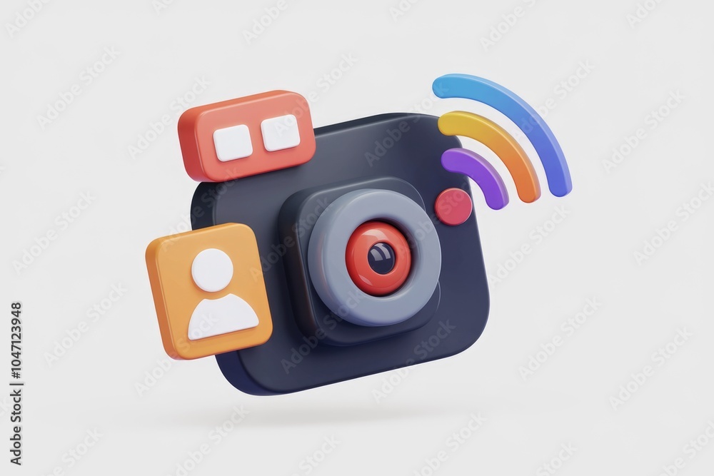 Poster 3d illustration of a camera with social media icons and wifi signal.