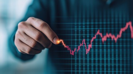 A hand points to a fluctuating financial graph, symbolizing market analysis and investment trends in a digital environment.