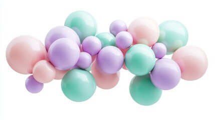 A floating bunch of pastel-colored balloons in soft pink, mint green, and lavender, creating a cheerful and whimsical scene against a clean white background