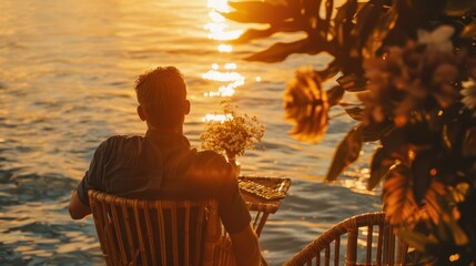 Man in a Chair Facing a Sunset Over Water