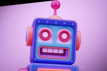 A close up of a cartoon robot with a friendly expression.
