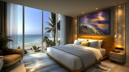 Beach View Luxury Bedroom Interior Design - 3D Rendering