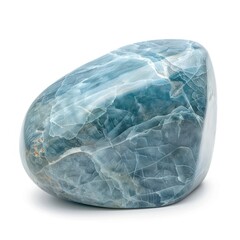 A polished aquamarine gemstone, light blue and glossy, isolated on white background