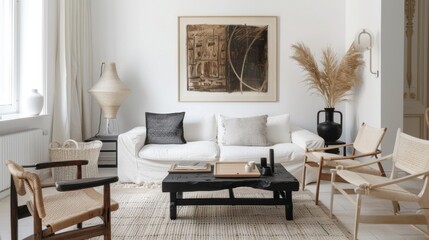 A modern and airy living room design showcasing a white canvas backdrop, Carefully selected minimal furniture, Minimalist industrial style