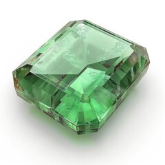 A radiant-cut emerald gemstone, bright green and reflective, isolated on white background