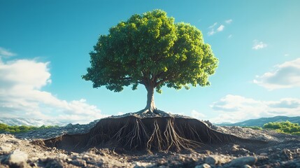 Majestic tree with exposed roots and vibrant green foliage under a clear blue sky, detailed root structure, lush canopy, symbolic of growth and strength in a surreal landscape.