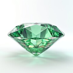 A radiant-cut emerald gemstone, bright green and reflective, isolated on white background