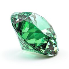 A radiant-cut emerald gemstone, bright green and reflective, isolated on white background