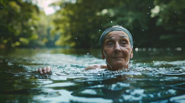 An older senior woman is wild swimming in a natural body of water, she is wearing a swim cap and looks joyful and free, landscape format with copy space