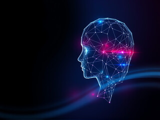 Obraz premium A digital representation of a human head created with a network of glowing particles on a dark background