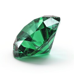 A radiant-cut emerald gemstone with a deep green shine, isolated on a white background