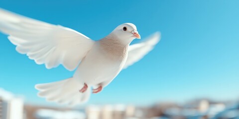 Fototapeta premium White Dove Flying in Blue Sky Symbol of Peace Hope and Freedom