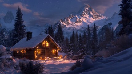 Fototapeta premium Cozy Rustic Cabin in Snowy Mountain Landscape at Dusk