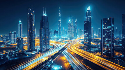 Obraz premium Cars on the highway with blue and yellow light trails