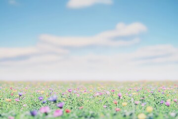 Vibrant field of colorful wildflowers against a blue sky with fluffy clouds