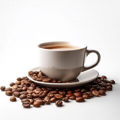 Fototapeta premium Coffee cup with coffee beans on side position provides copy space for text. background concept isolated white