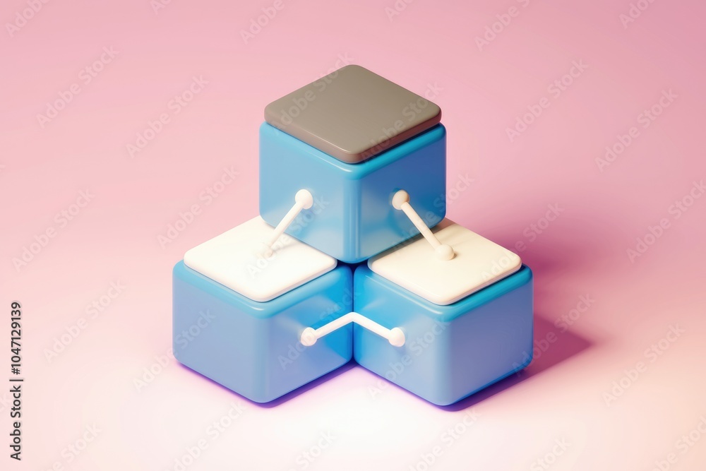 Fototapete Three blue cubes with white lids and connecting rods  stacked in a triangular shape.