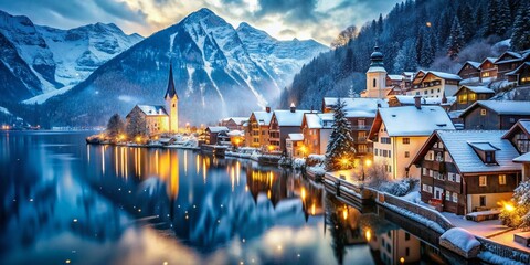 Fototapeta premium Hallstatt Christmas Wonderland: Enchanting Tilt-Shift Snowy Village Scene