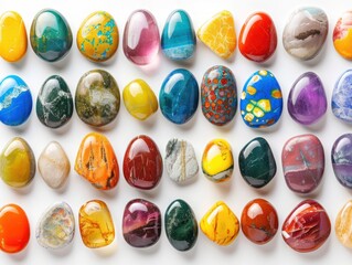 A selection of polished multicolored gemstones, neatly arranged in rows, isolated on white