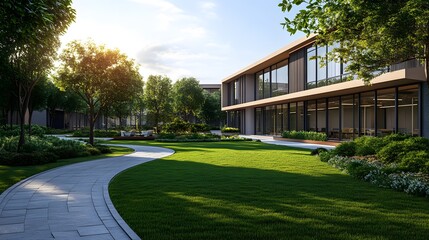 Obraz premium Modern office building with an expansive green lawn, winding stone pathway, large glass windows, landscaped gardens, ornamental trees, and a sustainable urban oasis design.