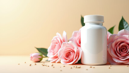 Bottle of product, possibly skincare or health supplement, surrounded by pink roses on a white surface.