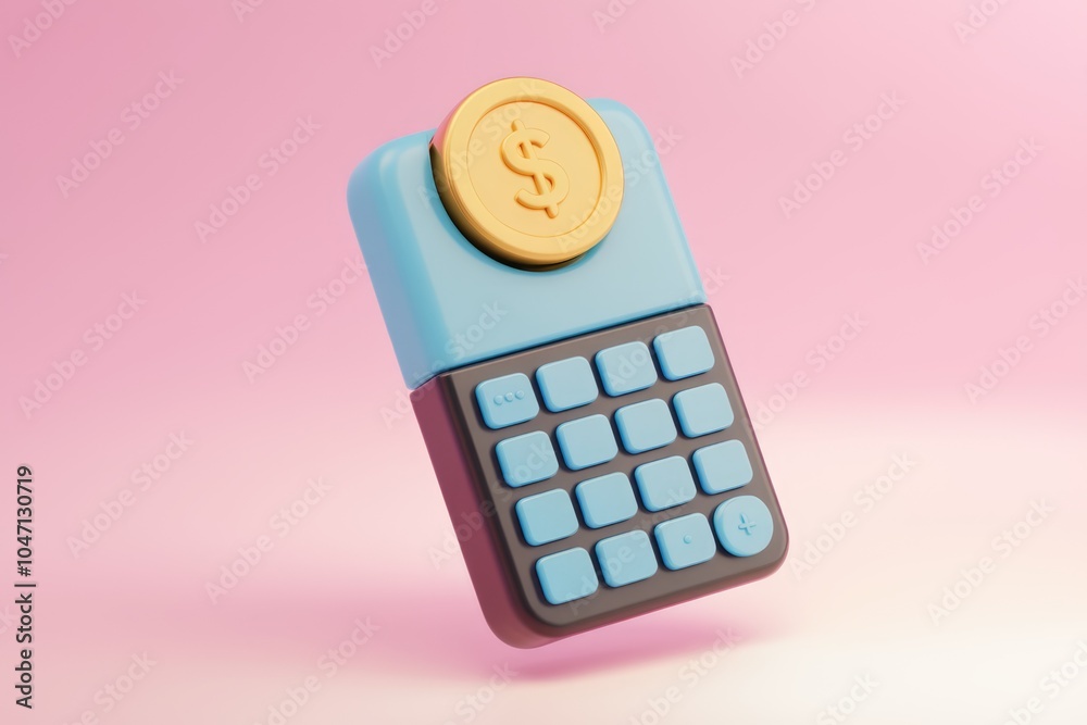 Poster A 3D rendering of a blue and brown calculator with a dollar coin on top.
