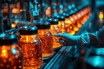 Close-up of a Hand Pointing at a Line of Sparkling Glass Jars on a Conveyor Belt in a Factory Setting