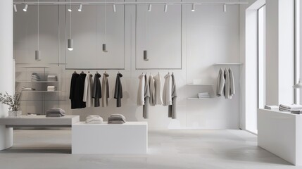 A modern and chic boutique clothing store interior design with a pristine white canvas backdrop, Sleek and functional minimalist clothing displays, Urban minimalist style