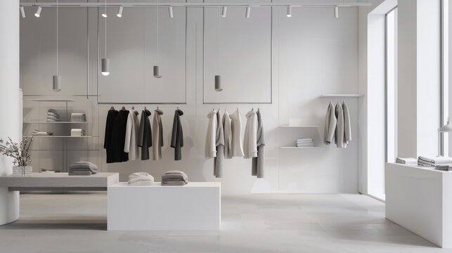 A modern and chic boutique clothing store interior design with a pristine white canvas backdrop, Sleek and functional minimalist clothing displays, Urban minimalist style
