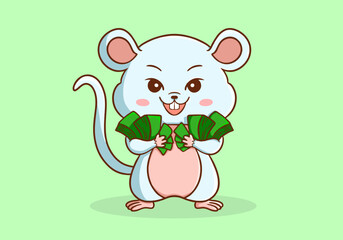 Rat mascot character holding a lot of money