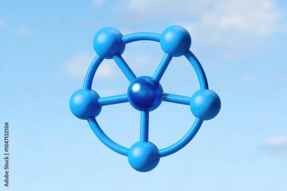 Poster a blue 3d model of a molecule with six atoms connected by bonds against a cloudy sky background.
