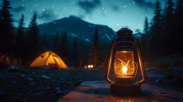 Nighttime camping scene with a glowing vintage lantern on a wooden table, illuminated tent, starry sky, forest silhouettes, warm orange light, and cozy campfire ambiance.