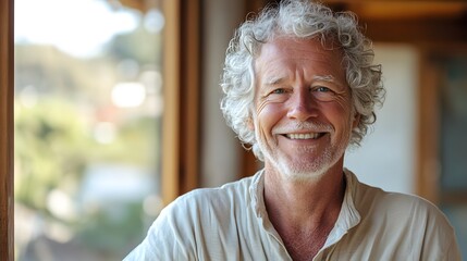 Portrait of a cheerful elderly man with silver curly hair, genuine warm smile, soft natural lighting, serene home interior setting, and an expression of wisdom and contentment.