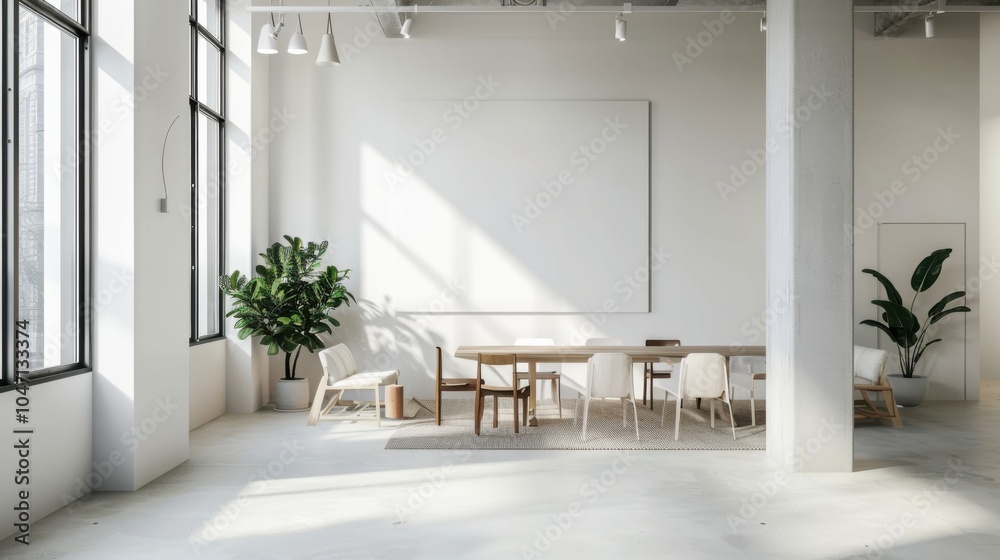 Poster A modern and chic coworking space design with a pristine white canvas backdrop, Sleek and functional minimalist workspace essentials, Urban minimalist style