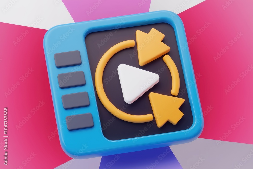 Poster a 3d blue and yellow icon representing video playback and looping.