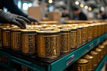 Close-up of a row of gold embossed cans on a teal shelf