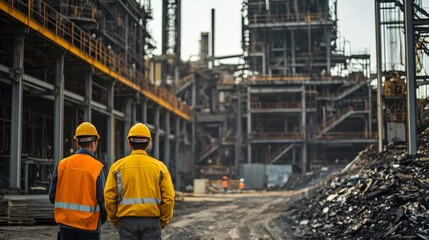 Fototapeta premium Workers overseeing the incineration of waste in a large industrial facility