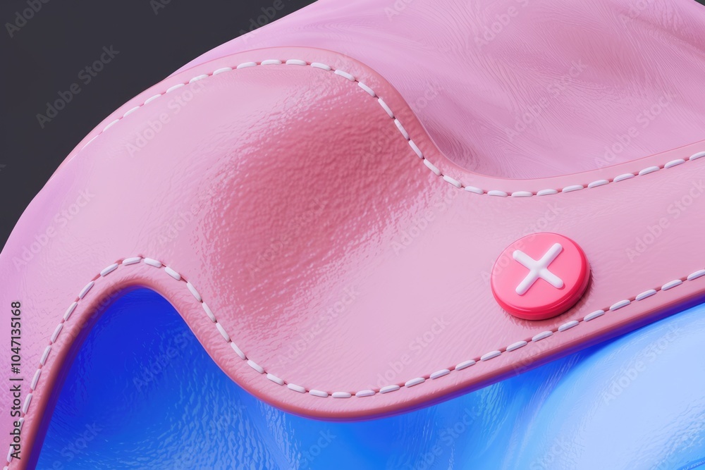 Poster a close up of a pink leather surface with a white x on a red button.