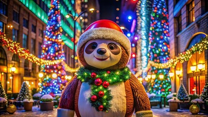 Fototapeta premium Inflatable Christmas Sloth in Urban Setting for Festive Holiday Decor and Urban Exploration Photography
