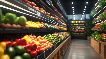 Supermarket produce aisle with vibrant colorful fruits and vegetables, neatly arranged shelves, fresh organic display, bright store lighting, and a clean modern grocery shopping experience.