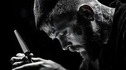 A skilled barber meticulously outlining a classic high and tight haircut using a straight razor demonstrating the precision and expertise required for this timeless men s grooming technique