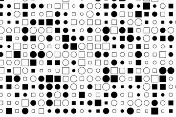 Abstract geometric patterns featuring filled and outlined circles and squares