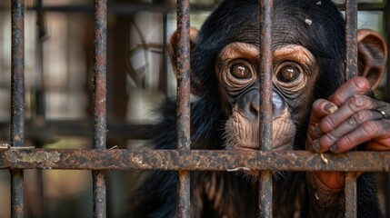 A baby chimpanzee in an iron cage, looking with scared and tired eyes.